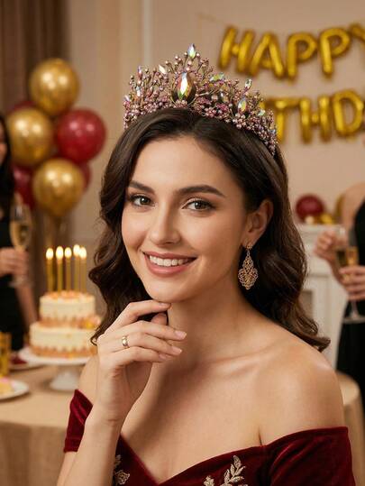 1pc Baroque Vintage Golden Iridescent Crystal Crown, Luxury Large AB Rhinestone Bridal Wedding Headpiece, Women's Birthday Party Princess Tiara