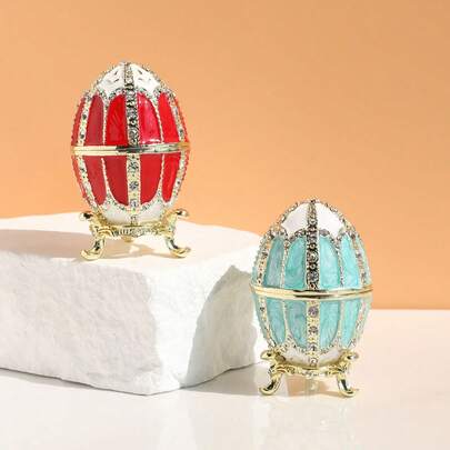 SIQIZHOU 1个椭圆形水钻复活节彩蛋珐琅首饰盒，欧式俄罗斯珐琅复活节礼品首饰盒，耳环、戒指、项链收纳装饰创意首饰盒，红色俄罗斯水钻彩色蛋形首饰盒，高端礼品家居装饰配件盒