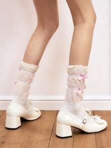 1双洛丽塔风格蝴蝶结袜，女士薄款网眼中筒袜，夏季 - 白色 - 查看 3