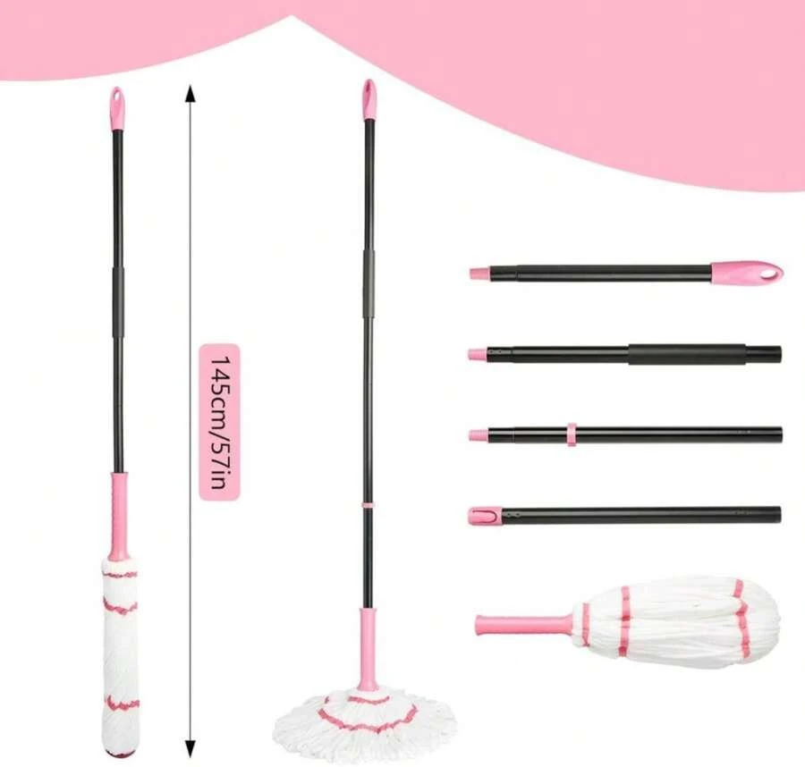 XXFLOWER Self-Wringing Twist Mop For Floor Cleaning, 57u201d Long Handle Heavy Duty Microfiber Mop For Wet Mopping On Tile, Hardwood, Kitchen, Bathroom, Patio, Garage, Commercial Household Clean (Pink) - ColorA - 查看 1