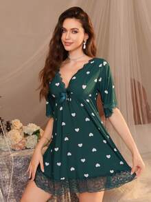 1 bộ đồ ngủ và mặc nhà bằng lụa cao cấp, in hình trái tim, phối ren, cổ chữ V, phong cách retro gợi cảm dành cho nữ. - Màu xanh lá cây đậm - Xem 6