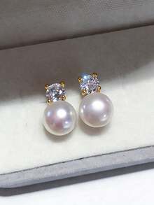 XUJIA 1 Đôi bông tai bạc 925 với ngọc trai giả 9mm và đá Cubic Zirconia 3.5mm, quà tặng thời trang dành cho phụ nữ. - EPE-257 - Xem 3