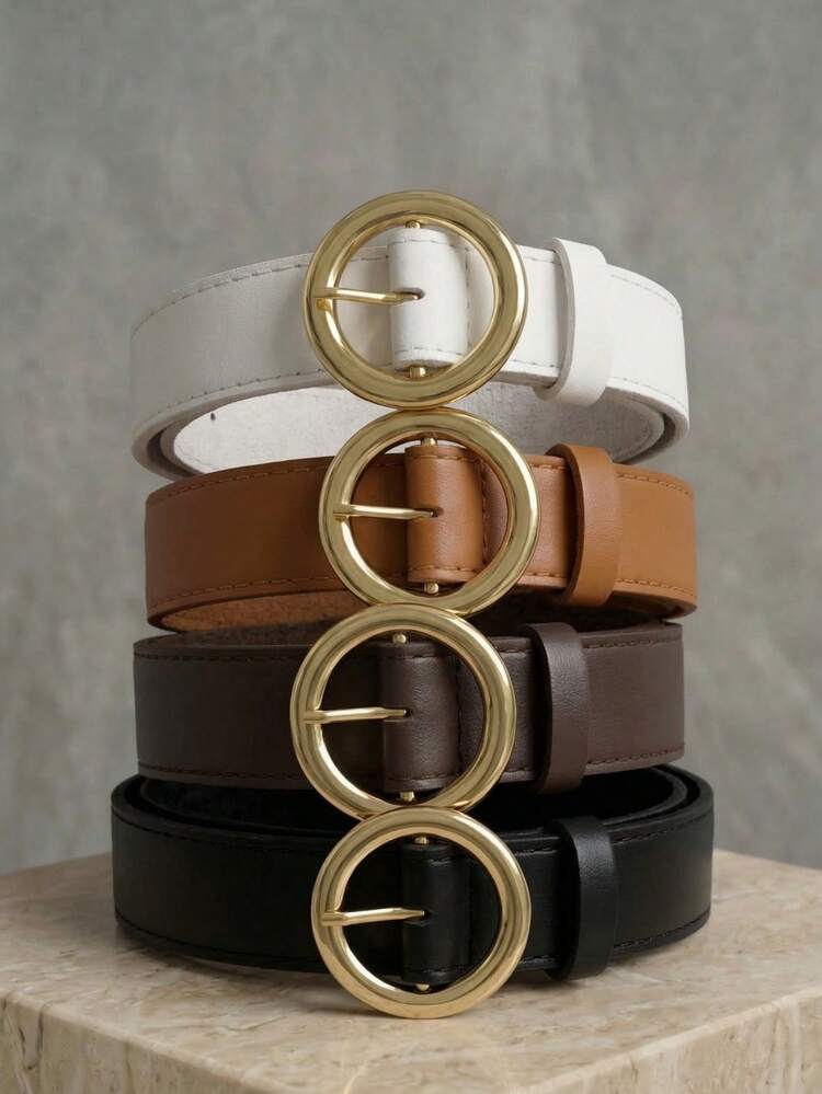 Women's Belt Set With Gold Metal Polka Dots, Synthetic Leather, Minimalist, Fashion Blogger Style, Unisex, Daily Use, Simple, Casual, 2024, Popular, Beautiful, Seasonal, Black, White, Brown, Caramel, Pink, Current Size, Stitched, Occasional, Versatile, Decorative, Vintage, 247 - 4 Piece Kit - View 1
