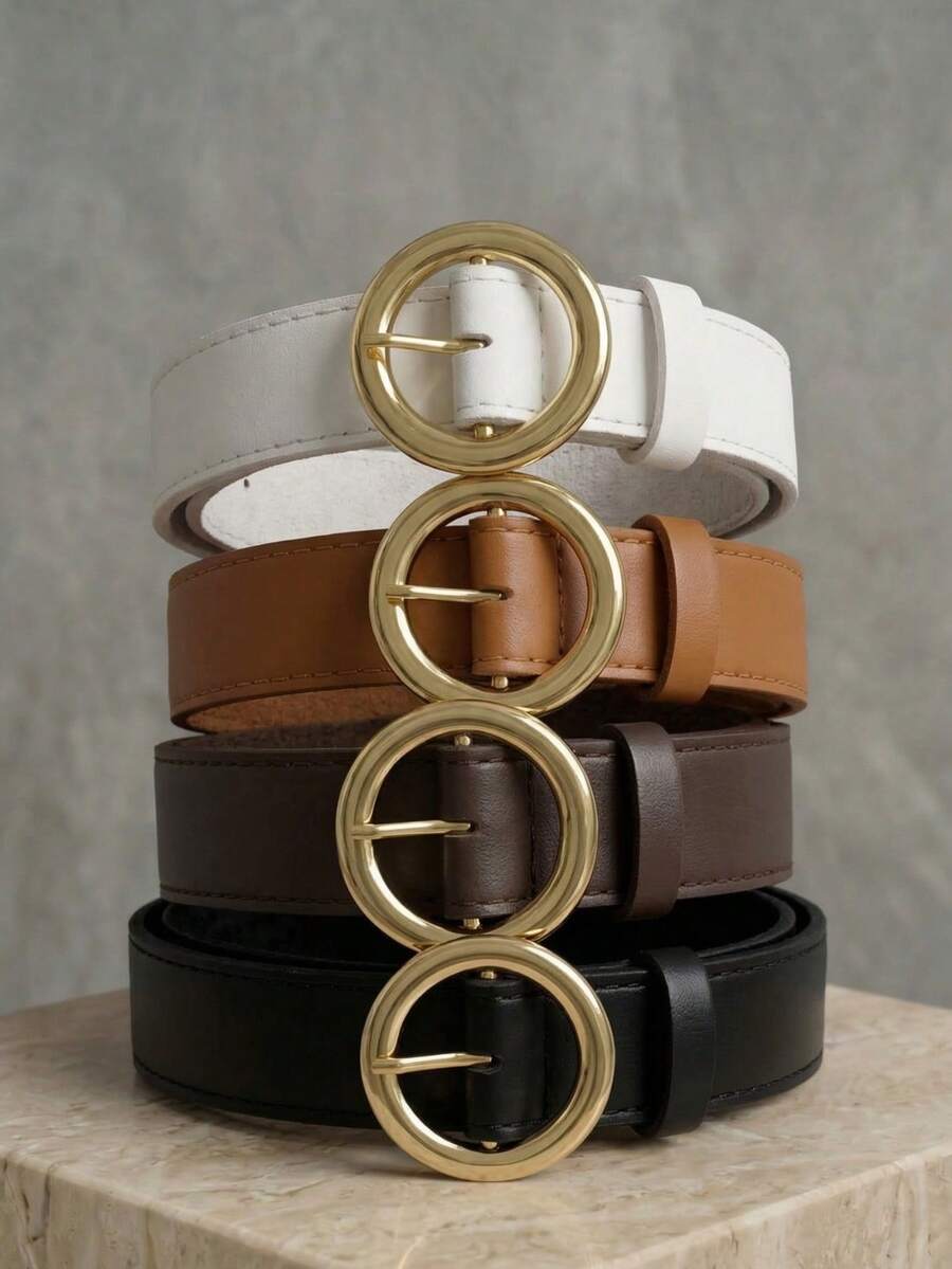 Women's Belt Set With Gold Metal Polka Dots, Synthetic Leather, Minimalist, Fashion Blogger Style, Unisex, Daily Use, Simple, Casual, 2024, Popular, Beautiful, Seasonal, Black, White, Brown, Caramel, Pink, Current Size, Stitched, Occasional, Versatile, Decorative, Vintage, 247 - 套件 4 件 - 查看 1