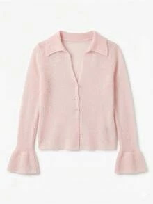 Cardigã de tricô leve e liso Sweet Wen Rong, rosa para primavera/verão. - Rosa - Ver 9