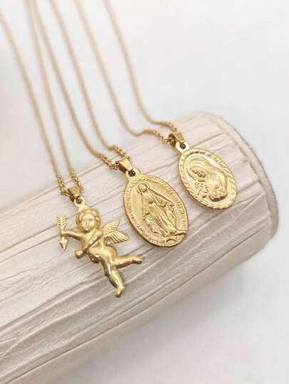 1pc 18K Gold Plated Stainless Steel Vintage French & Cupid Pendant Necklace, Fashionable Hip-Hop Portrait Coin Necklace, Unisex Sweater/Choker Chain