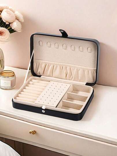 1pc PU Leather Jewelry Box, Portable Travel Jewelry Organizer, Vanity Makeup Storage Box, Multi-Layer Jewelry Display Case, Gift Box, Flip-Top Design, Large Capacity, Suitable For Storing Rings, Necklaces, Earrings, Watches, Lipsticks And Other Accessories, Bedroom Supplies, Outdoor Travel Supplies, Button Closure, Elegant International Style, Suitable For Travel And Home Use, Ideal Gift For Girls, Decor For Dressing Room And Bedroom