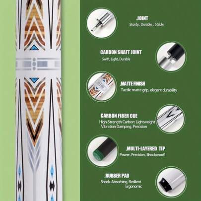 1支碳纤维台球杆，半节式，11.5毫米杆头，58英寸长，20盎司重，白色线条握把设计，适用于中式八球和美式九球，男女通用，是送给父亲或男士的完美礼物
