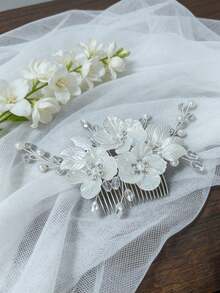 1pc Shiny Retro ABS Plastic White Flower Hair Comb, Bridal Headpiece With Pearl & Rhinestone, Suitable For All Seasons - Silver - View 7