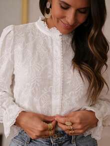 French Fitted Elegant Versatile Blouse, Solid Color Lace Collar, Floral Embroidery, Long Sleeve Shirt For Daily Wear White - White - View 4