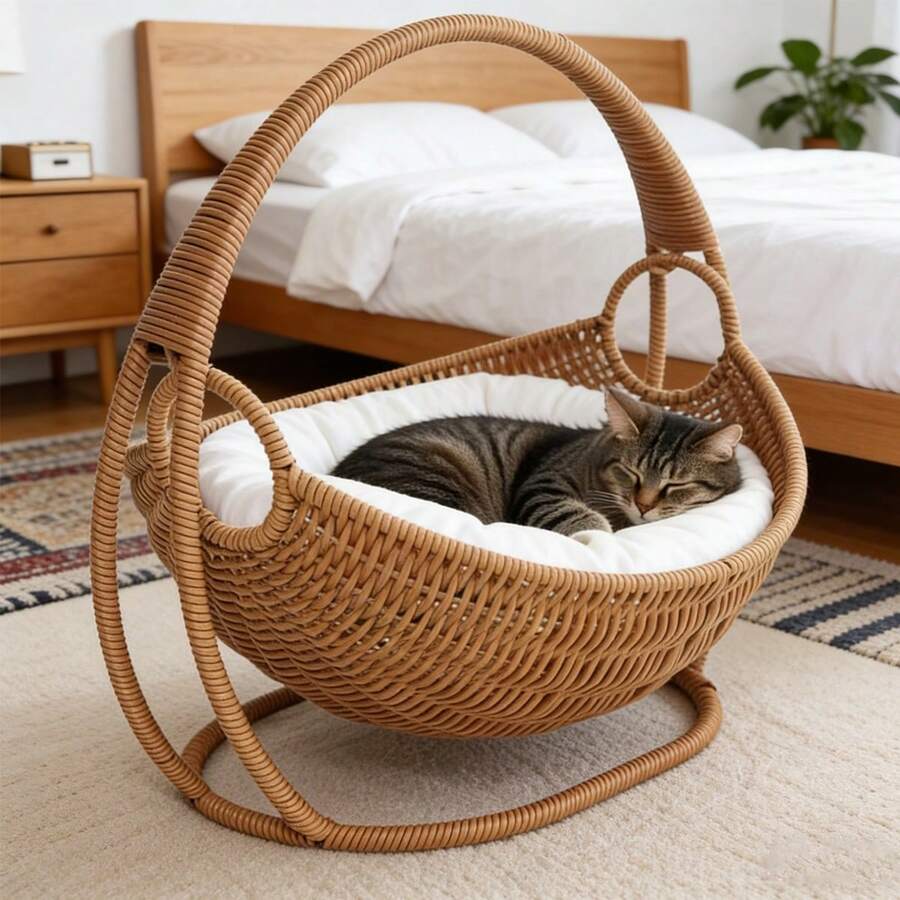 Giường ngủ cho mèo đan bằng mây, bệ nằm cho mèo có thiết kế nâng cao khỏi mặt đất để tránh ẩm ướt, thích hợp cho mèo nhà và mèo con, không bao gồm đệm, thích hợp cho mọi mùa.