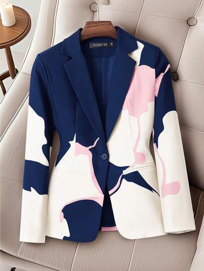 HOMEYEE Blazer Collar Long Sleeve Printed Blouse, Vintage Elegant Casual Vacation Business Commute OL Top, Plus Size