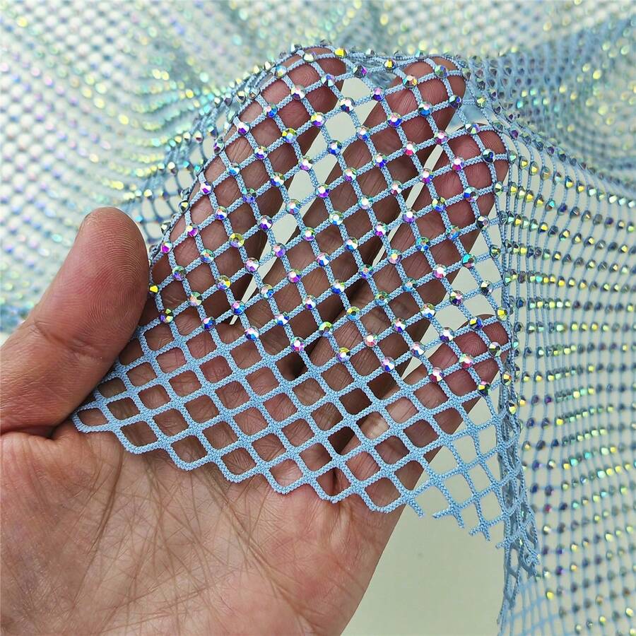 1pc Tulle Mesh Elastic Fabric With Luxury Rhinestones, 35x50cm, Suitable For Wedding Dress, Headscarf Decor - Multicolor - View 1