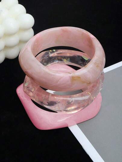 3pcs/Set Pink Acrylic Bracelet Set, Elegant Minimalist Dyed Bangle Combination, Can Be Worn Separately Or Stacked, Suitable For Daily Wear And Vacation
