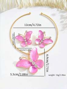 1 Set Isi 3 Buah Kalung, Choker, dan Anting Kupu-kupu 3D Modis yang Berlebihan, Unik dan Personal, Choker Mewah Berbalut Logam, Anting dan Kalung Kupu-kupu Berlian Imitasi Berwarna-warni, Cocok untuk Pakaian Sehari-hari, Liburan, dan Pesta Wanita - Hot Pink - View 6
