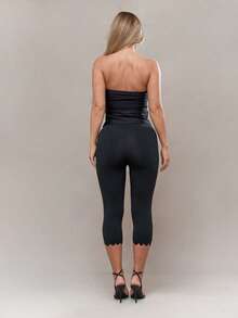 Women's Casual Elastic Capri Leggings, Solid Color Knit Polyester, Asymmetric Hem With Elastic Waist, Suitable For Spring/Summer - Black - View 2
