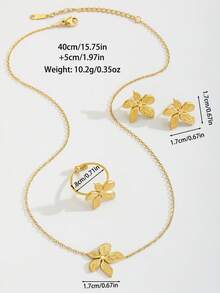 3pcs/Set Beautiful Fashion Popular Gold Stainless Steel Chain Five-Petal Flower Pendant Necklace Stud Earrings & Ring Set For Girls As Daily Wear Jewelry Accessory Gift Matching All Season - Gold - View 5
