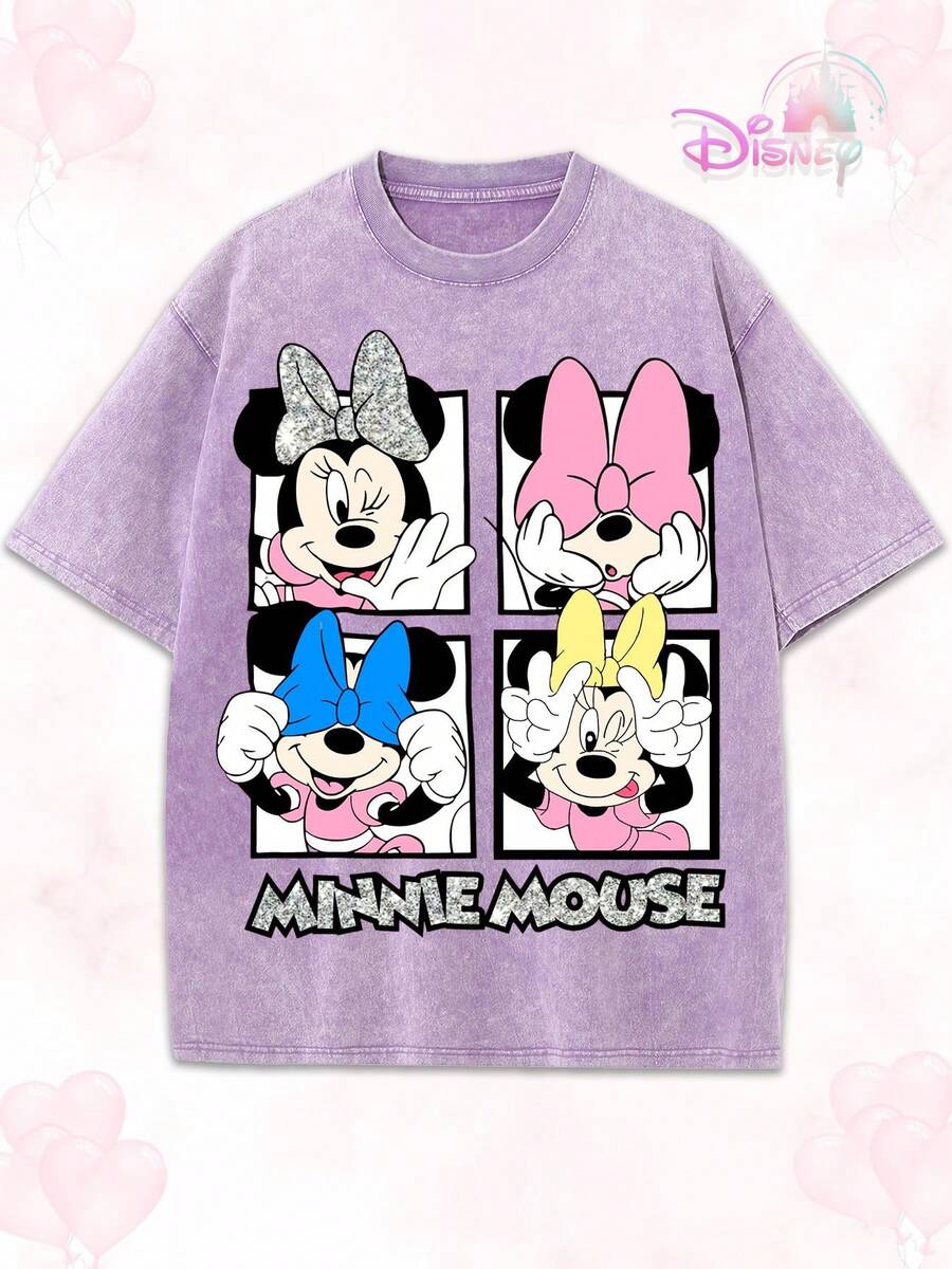 Disneyland 100 Percent Cotton, Four-Panel Cutie Tee – Adorable Cartoon Girl With Colorful Bows & Playful Expressions |  Graphic T-Shirt For Women |  Kawaii Streetwear Top, Made Of 100% Cotton High-Quality Fabric, Fine Needle Carding, Relaxed And Comfortable, Suitable For Both Men And Women, Suitable For Young Street Hipsters. - Lilac Purple - View 1