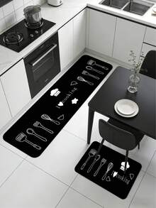 1 件黑色硅胶厨房垫，白色轮廓勾勒出锅铲、汤勺、叉子、打蛋器等烹饪用具，以及厨师帽、爱心、星星和手写文字，简约现代的厨房主题，干净活泼。 - 彩色 - 查看 1