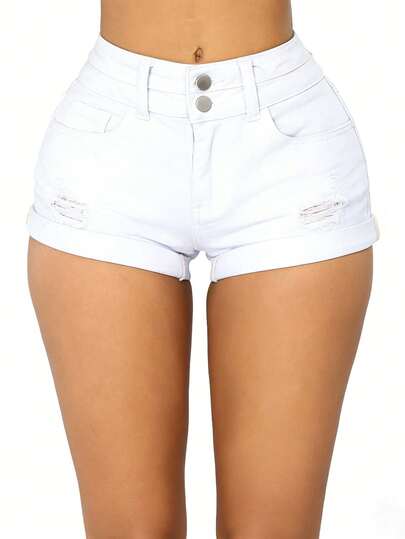 跨境女装夏季休闲简约学院风卷边牛仔双扣紧身短裤