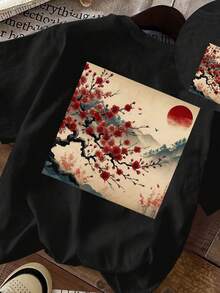 Camiseta de algodón de 180g para mujer, con estampado vintage de flores de cerezo estilo Ukiyo-e, cuello redondo, mangas cortas, estampado de arte japonés, top casual para primavera/verano. Lavable aáquina, adecuada para el uso diario, salidas informales, versátil para uso en casa y para paseos al aire libre. Sencilla y versátil, un estilo de nicho a, la primera opción para parejas. - Blanco - Ver 8