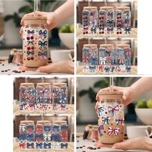 4pcs/Set 4th Of July Bows UV DTF Transfer Stickers For 16oz Libbey Glass Cups (9.4x4.3in), USA American Girly Patriotic Red White Blue Stars Heart Rainbow Waterproof Wraps, Independence Memorial Day Decals No Heat Needed - USA Bows 01 - View 3
