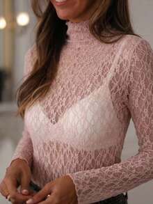 Áo nữ cổ đứng ren tay dài, kiểu dáng thường ngày, đa năng, thích hợp mặc mùa xuân. - Màu Hồng baby - Xem 2