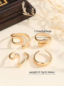 4pcs Set Liquid Lava Metal Adjustable Bendable Smooth Wrinkled Finish Gold Rings, Suitable For Daily Wear Or As Gift For Women - 4-piece Set - View 6