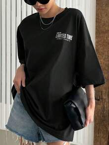Oversized Summer T-Shirt With Letter Graphic On Dropped Shoulders - Black - View 3