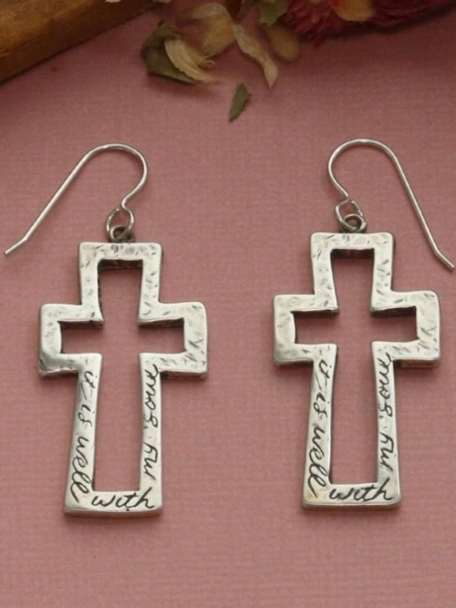 Cercei cu pandantiv în formă de cruce, cu model vintage gravat, la modă, accesorii handmade pentru femei, potriviți pentru petreceri, cadou surpriză pentru prieteni - Argint antic - Vizualizare 1