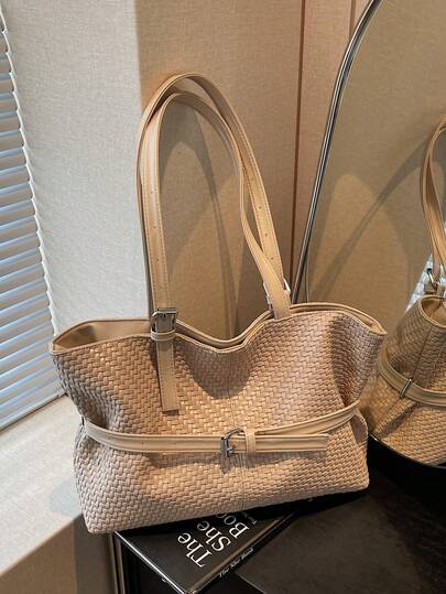 时尚简约编织女士大容量手提包，带扣肩带单肩包