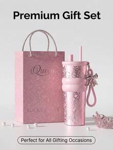 Bình giữ nhiệt Queen Pink họa tiết da rắn | Lớp lót gốm an toàn cho sức khỏe, thiết kế 2 trong 1 có vòi uống và ống hút, nơ xinh xắn và dây đeo cổ tay, phù hợp với giá đỡ cốc trên ô tô, hộp quà cao cấp dành cho phụ nữ và bé gái - Bình nước giữ nhiệt bằng gốm - Xem 4