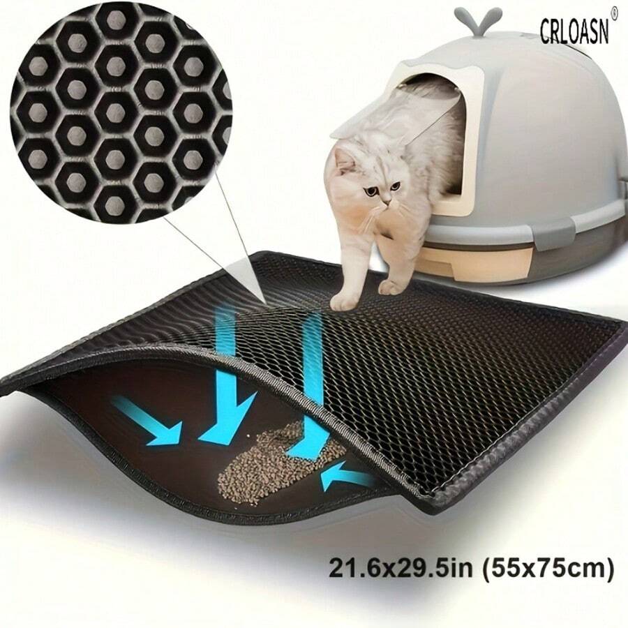 1pc Double-Layer Honeycomb Cat Litter Mat, Waterproof EVA Cat Litter Trapping Mat, Non-Slip Washable Pet Cat Litter Box Mat, Pet Supplies Cat Litter Collection Mat - Black - View 1