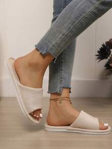 秋冬女士亚麻室内拖鞋，夏日小屋防滑加厚亚麻平底凉鞋，软底，毛绒拖鞋 - 白色 - 查看 6