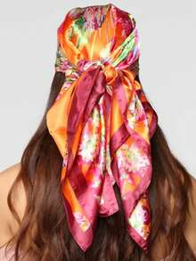 1条女士休闲“花丛”头巾，90厘米大号缎面波西米亚风方巾，适合夏季度假、海滩、沙滩派对，可用作头巾和比基尼装饰。 - 彩色 - 查看 2