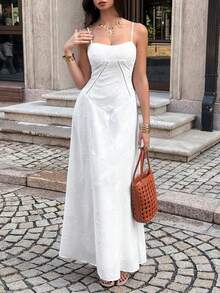 Unadoll Women's Summer Elegant White Butterfly Embroidery Maxi Dress, Spaghetti Strap Lace-Up Back A-Line Flowy Dress For Vacation & Party - White - View 5