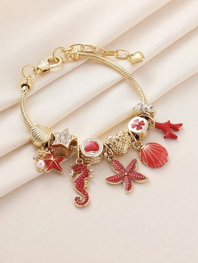 1 pieza Elegante pulsera de moda con cuentas de tema del océano rojo con colgante de estrella de mar, caballito de mar, vieira, coral, pulsera DIY adecuada para uso diario casual, fiesta, discoteca, regalo de vacaciones para mujeres