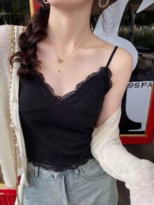 Sweet & Spicy Lace Patchwork Elastic Camisole, V-Neck Skin-Friendly Adjustable Strap Fitted Top, Spring/Summer - Black - View 5