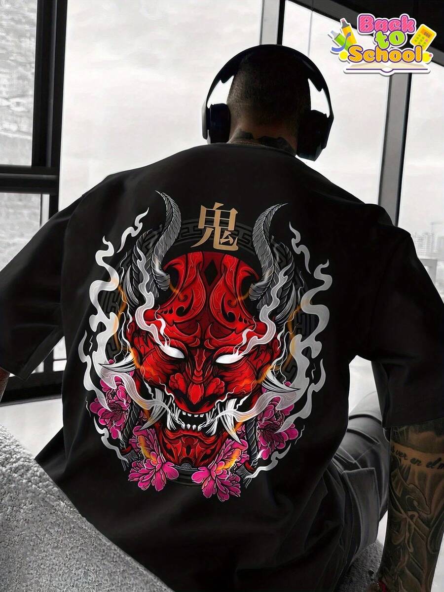 Men's T-Shirt With Japanese Oni Mask – 180 G/M² Heavy-Duty Red And Black T-Shirt With Devil Face And Japanese Demon Print, Loose-Fit Round-Neck Shirt For Casual And Cosplay Costumes At Themed Events, Anime Conventions, Casual Wear – Durable Comfort For All Seasons, Ideal Gift For Men – Retro Style With Elaborate Oni Mask Design, Lightweight Summer Clothing, Suitable For School, Unique Cultural Theme, Striking Statement Piece For Casual Outfits, Men's Graphic T-Shirt, Men's Graphic Tee, Graphic T-Shirt For Men, Men's T-Shirt. - màu đen - Xem 1