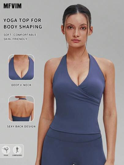  MFVIM Women V-Neck Halter Yoga Sports Tank Top, Criss-Cross V-Neck Halter Design Breathable Comfortable Casual Sports Shirt, Outdoor Running Cycling Pilates Yoga Gym Workout Versatile Sports Bra For Women