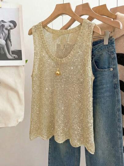 Women's French Casual Cute Shiny See-Through Fabric Asymmetric Hem Round Neck Sleeveless Knit Camisole Top, Summer Vacation