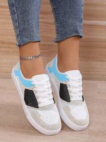 Summer Lace-Up Splice Running Shoes, Korean Fashion Casual Sneakers, Soft Sole Versatile Running Breathable Women Shoes - Blue - View 3