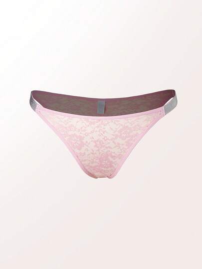 1pc Plus Size Women Lace Thong Panty, Sexy Sheer Lingerie, Pink Plus Size Underwear, Valentine's Day, Christmas
