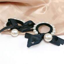 2pcs Faux Pearl Bow Hair Scrunchies Ponytail Holders Hair Elastics Hair Rubber Bands Hair Rope Elastic Hair Tie,Summer,Holiday,Travel - Black and White - View 4