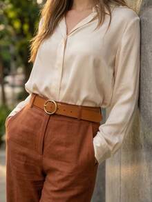Women's Belt Set With Gold Metal Polka Dots, Synthetic Leather, Minimalist, Fashion Blogger Style, Unisex, Daily Use, Simple, Casual, 2024, Popular, Beautiful, Seasonal, Black, White, Brown, Caramel, Pink, Current Size, Stitched, Occasional, Versatile, Decorative, Vintage, 247 - 黑/焦糖色 - 查看 5