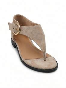 Women's Flat Suede Sandals With Toe Strap And Adjustable Buckle Strap – Casual Summer Style - Beige - View 3