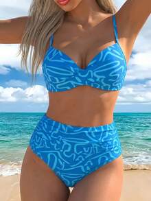 Summer Solid Color Sexy Elegant Bohemian Style Spaghetti Strap Bikini Swimsuit, Sweet Two Pieces Beach Vacation Set - Multicolor - View 5