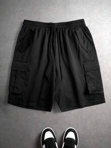 Plus Size Men's Black Cargo Shorts, Multi-Pocket Casual Street Style Practical Summer Shorts - Black - View 4