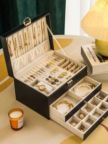 带锁首饰收纳盒，多层柔软绒面材质，米色/黑色/白色可选，防刮防尘盖，适用于戒指、项链、手镯、耳环等，优雅的女士首饰礼物，生日、婚礼、圣诞节礼物，桌面装饰，项链架，时尚展示，经久耐用，新娘配饰，首饰柜，首饰展示，经典设计，装饰收纳，防尘盒，戒指架，多层柜，女士首饰 - 彩色 - 查看 15