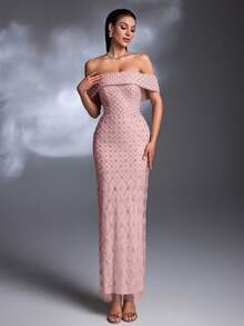 AMILUCK New Luxury High-End Sequin, Sequins, Lace Off-Shoulder Ruffle Hem Slit Elegant Dress, Suitable For Formal Occasions, Parties, Red Carpet, Weddings - Baby Pink - View 7